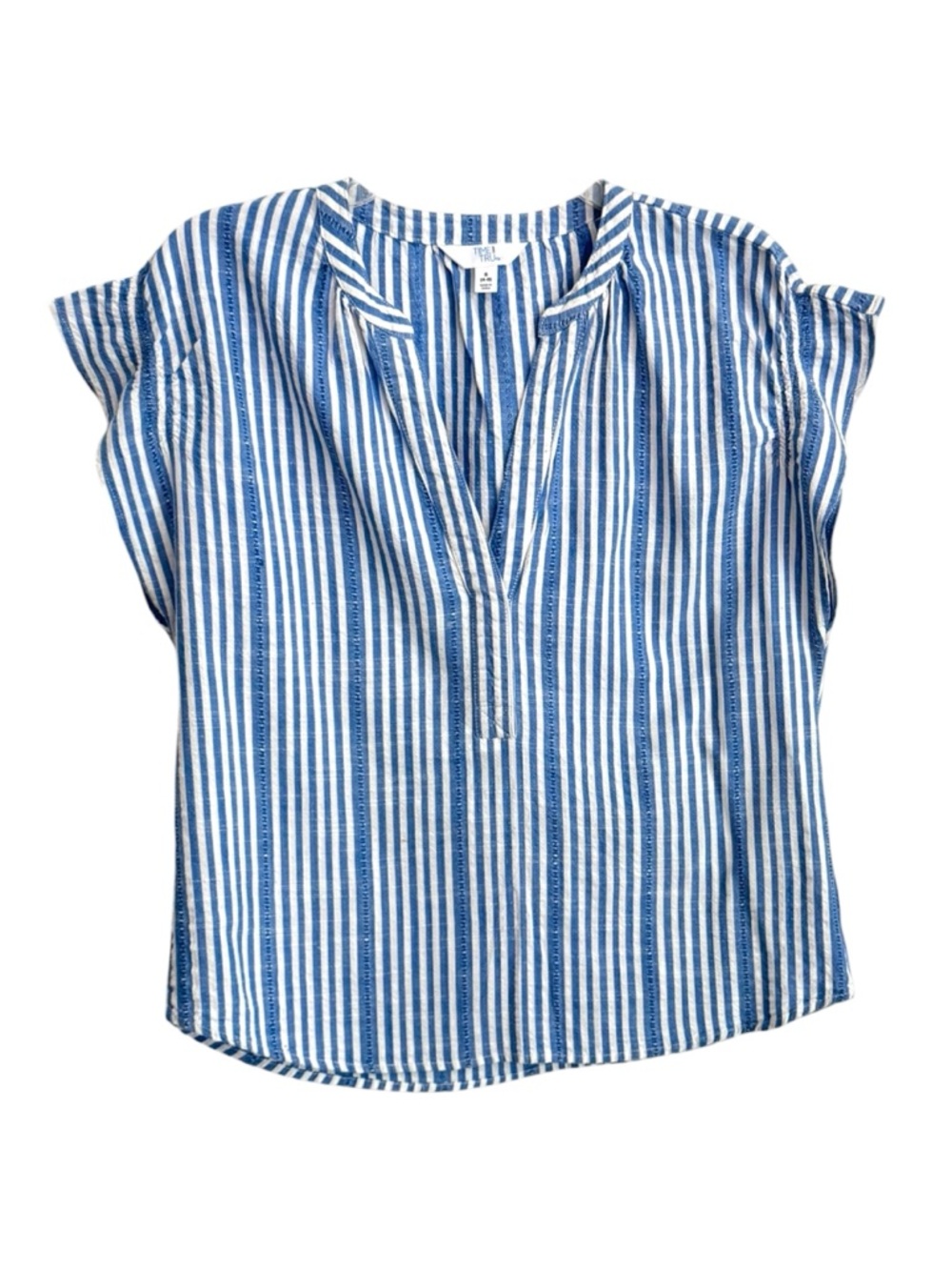 Time and Tru Size S (4-6) blue- white striped top w/split-neck and short sleeves - Picture 2 of 7